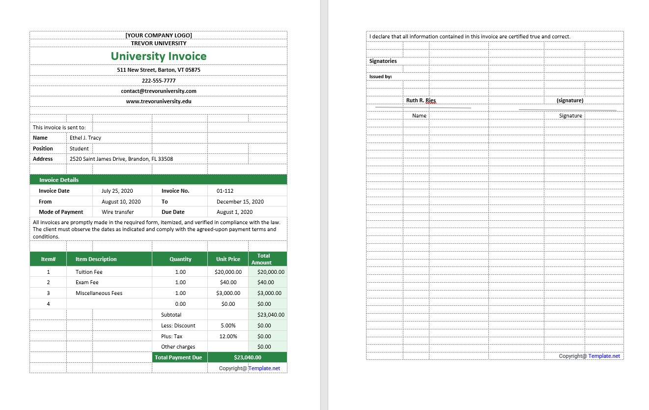 Blank University Invoice Template PSD template